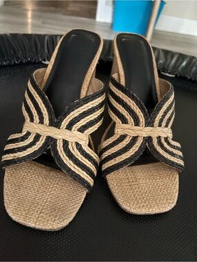 Dolce Vita Black and Natural Woven Slide Mules